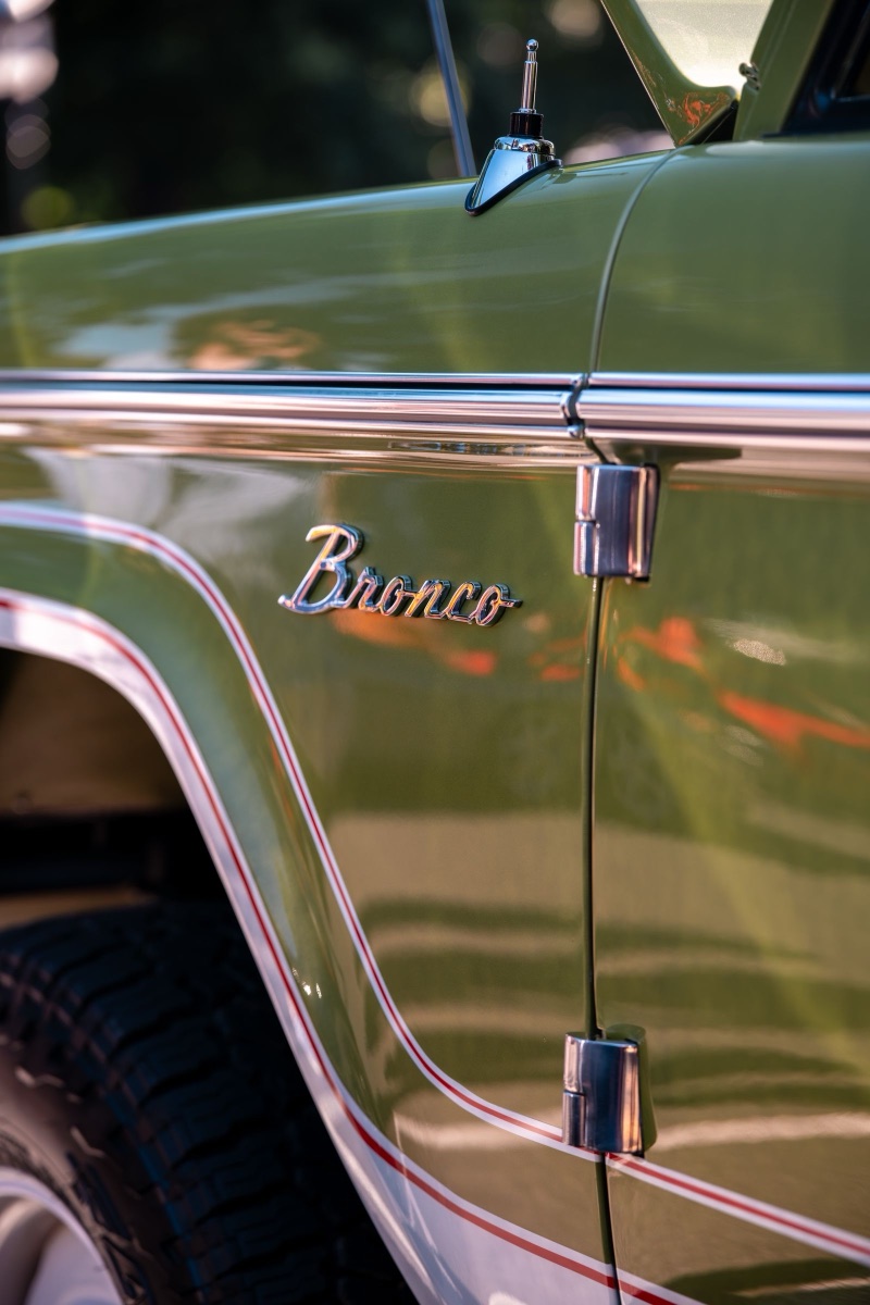 Bronco emblem on a green door with pinstripe